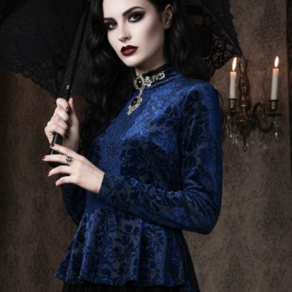 Spense Velvet Roses Burnout Mock Neck Lace Blouse Peplum Whimsigoth Victorian M